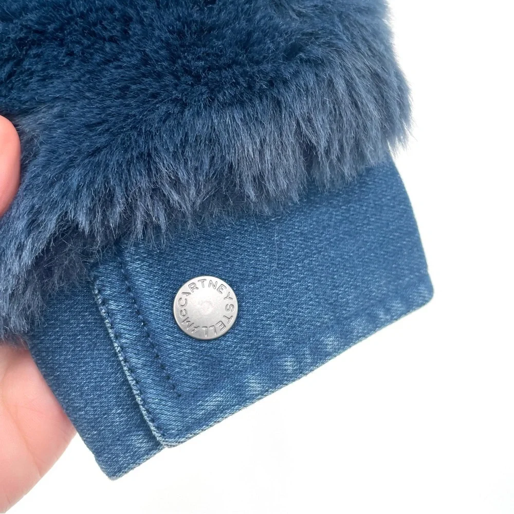 Stella McCartney Kids NWT Treasure Faux Fur Hooded Blue Denim Button Front Coat